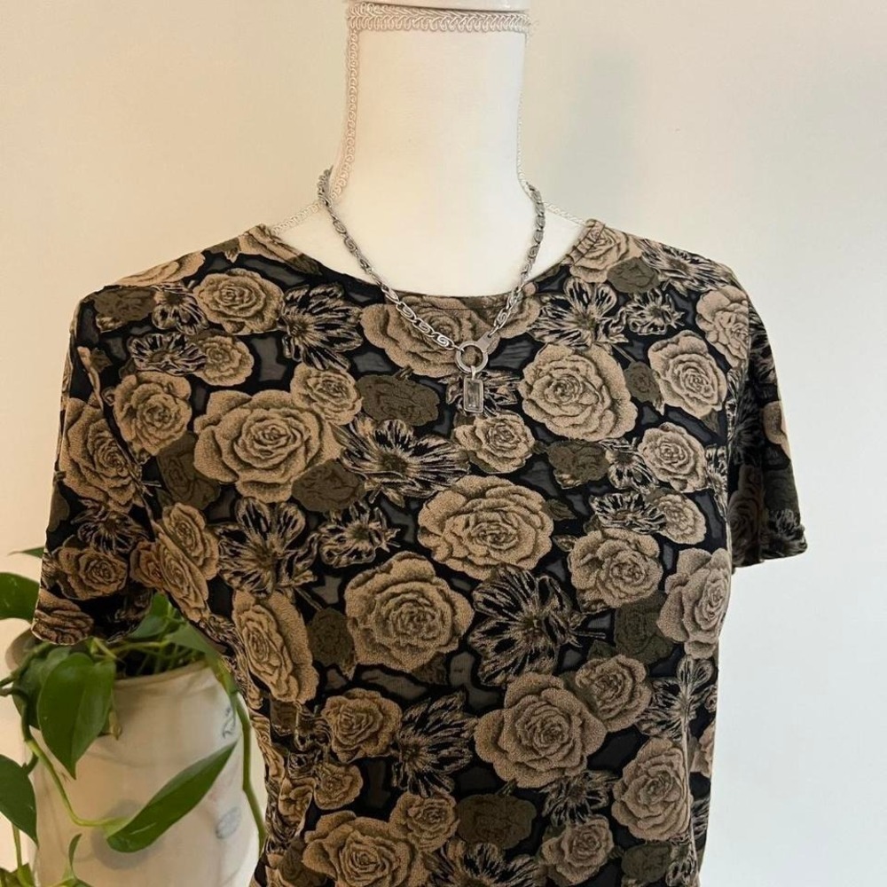 Vintage Y2K Micro-mesh Burnout Whimsygoth Black & Brown Floral Mesh Top - Picture 3 of 7